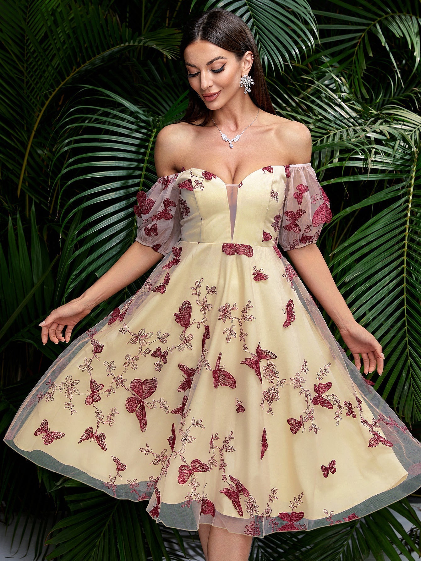 Dress Mesh Butterfly Embroidery Off The Shoulder Gown Cocktail Evening Dress