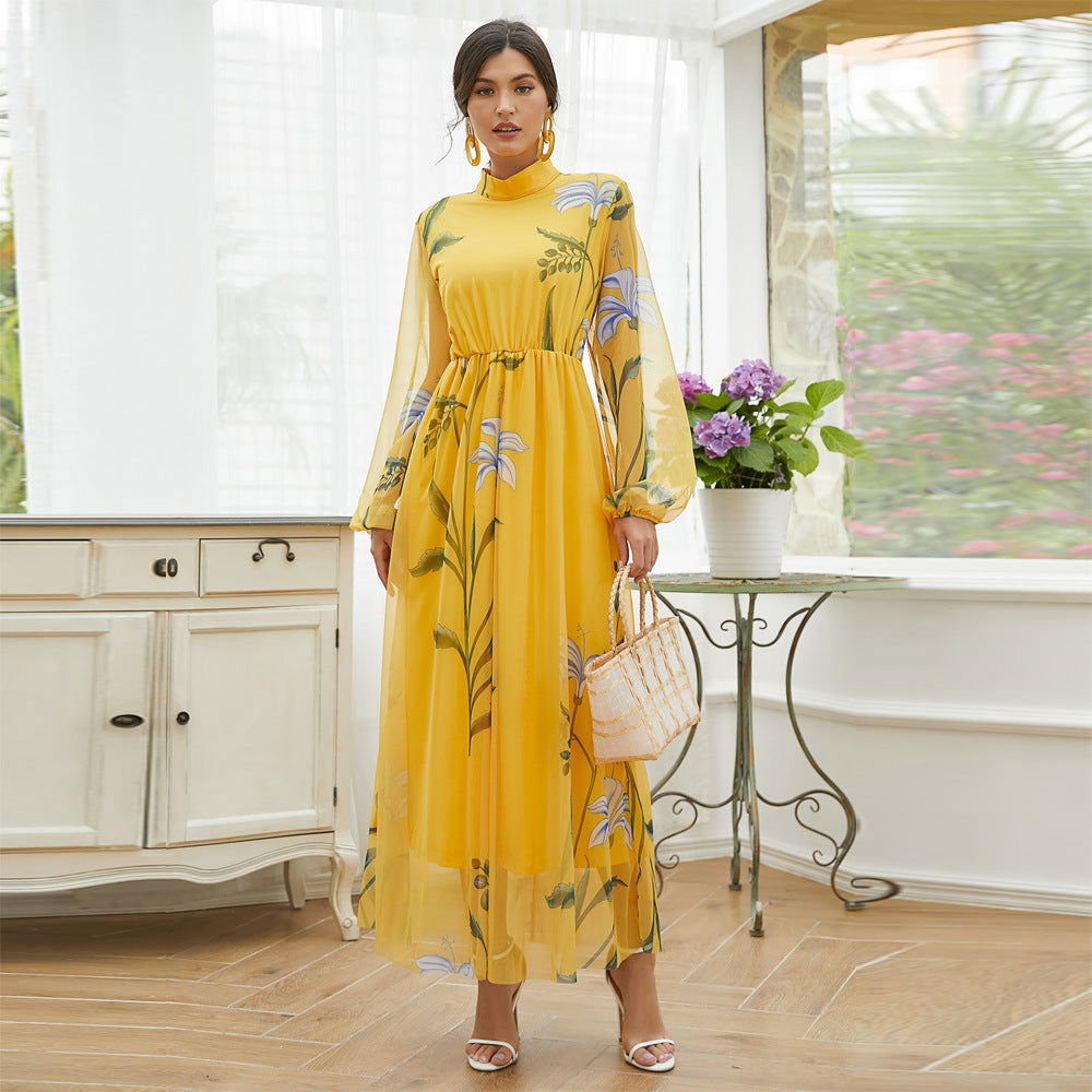Middle East Dubai Elegant Mesh Floral Print Dress