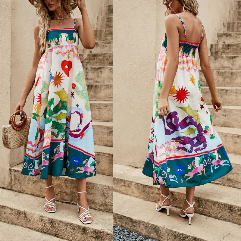 Casual Dress Spaghetti-Strap Floral Print Sleeveless Swing Dress Amplified craft