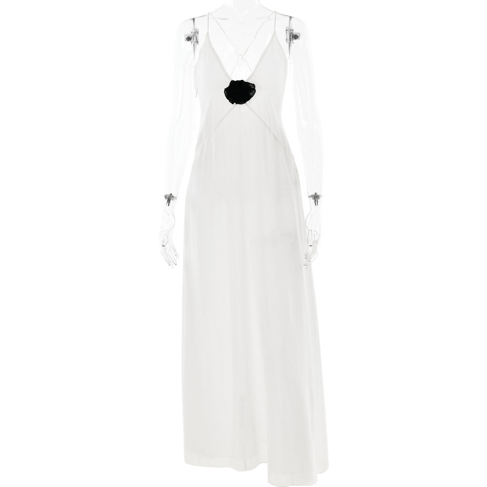 Elegant V neck Stitched Backless Chiffon Strap Maxi Dress