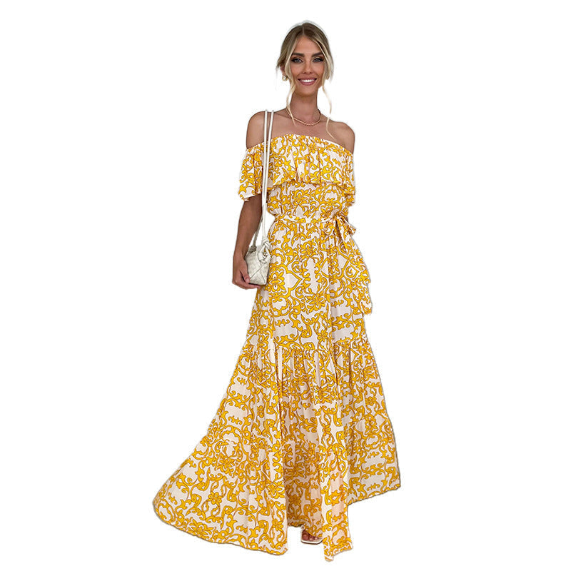 Floral-Print off Shoulder Ruffle Sleeve Elegant Large Swing Dress Dress