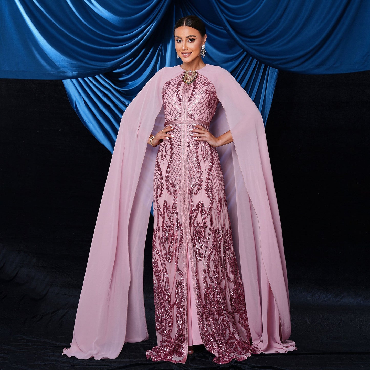 High End Flying Sleeves round Neck Sequ Cocktail Evening Dress Bridesmaid