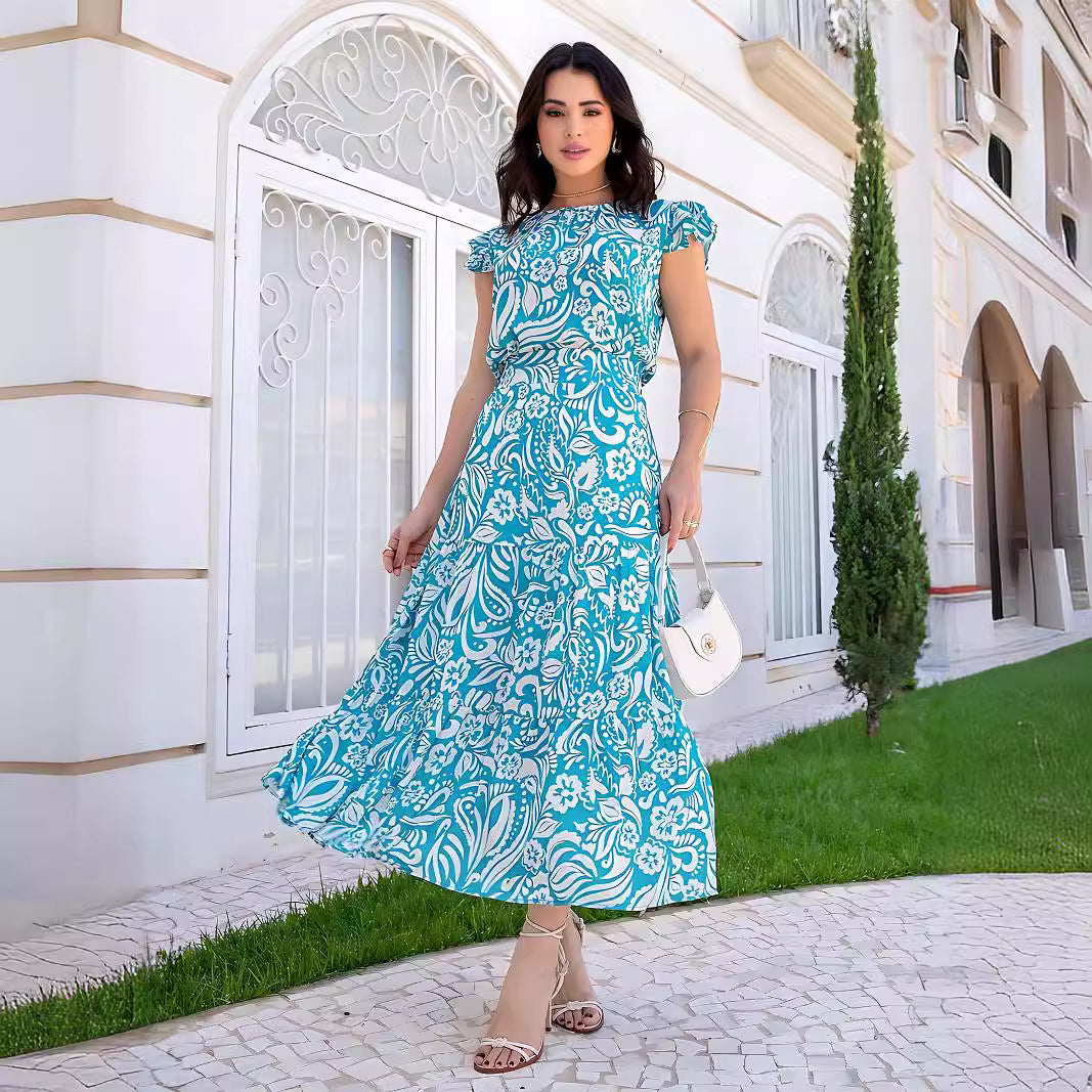 Fresh Floral Maxi Dress Shoulder Short Sleeved Clothes Breathable Two Piece Set