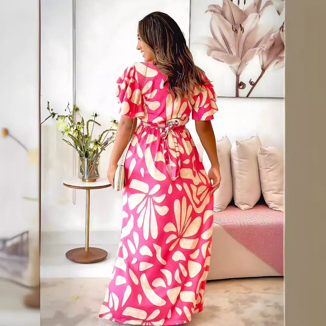 Casual Printed Dress Side Slit Stringy Selvedge Short Sleeve Maxi Dress