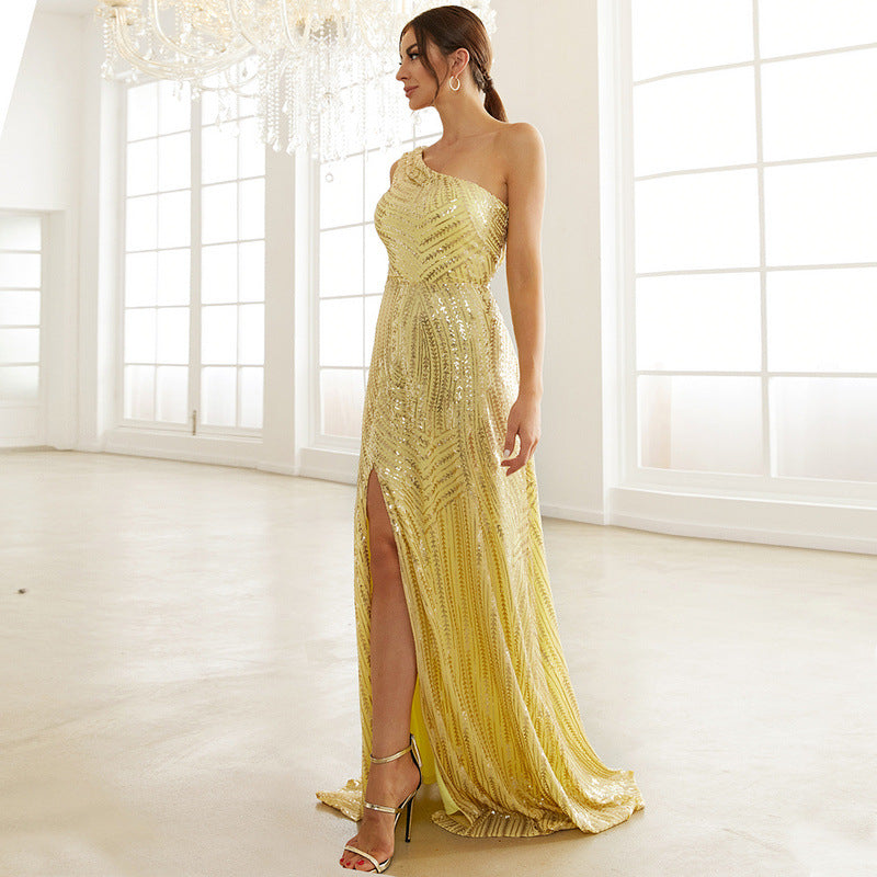 Elegant Party Crossbody Sequined Cocktail Split Fishtail Small Trailing Evening Dress for