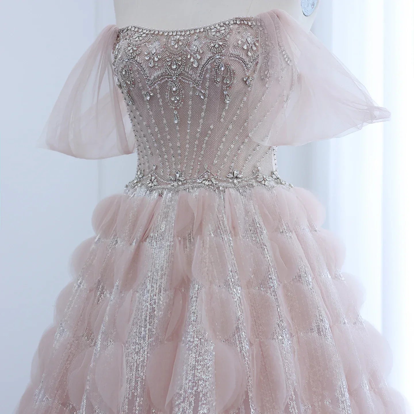 Crystal Princess Ball Gown Blush Pink Ruffles Evening Dress