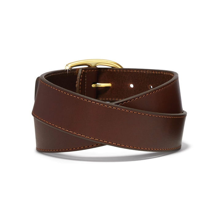 Brighton coiled brown leather belt with contrast stitching and gold-tone rounded buckle on a white background