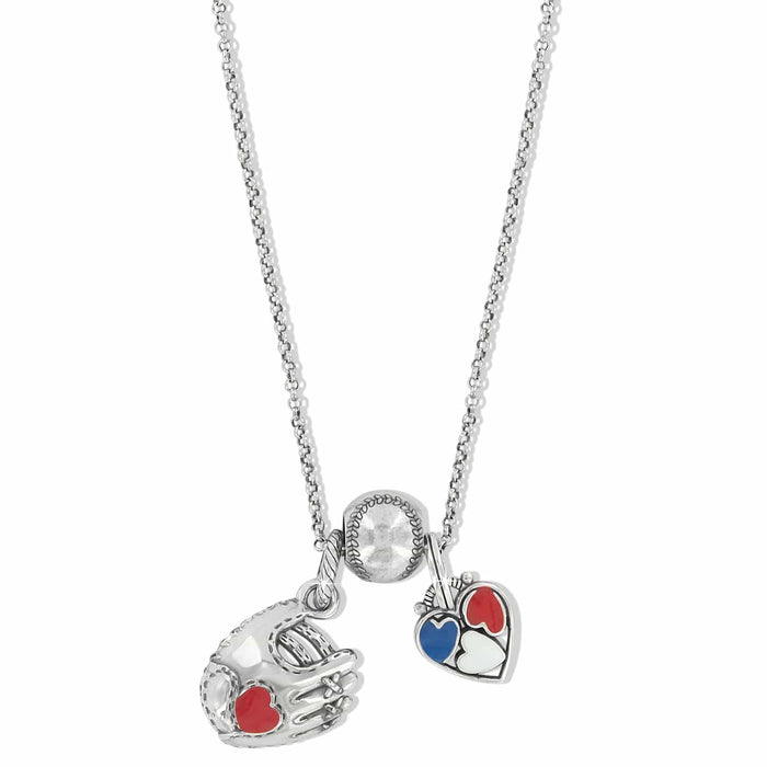 Brighton charm necklace with silver-plated baseball, glove, and enamel heart charms in red, white, and blue on a white background