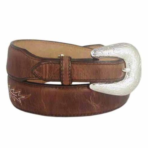 Brighton brown leather belt with engraved silver-tone buckle and subtle stitched detailing on a white background
