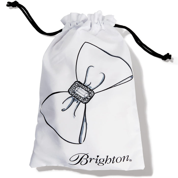 Brighton white drawstring pouch with illustrated bow and crystal buckle print and black cords on a white background