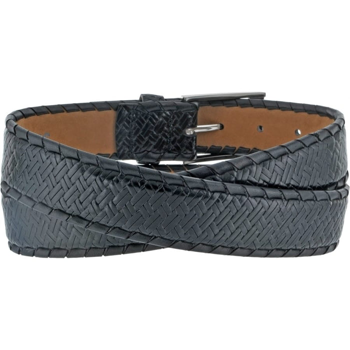 Brighton belt in black woven leather with silver-tone buckle, coiled to show basketweave texture, on a white background