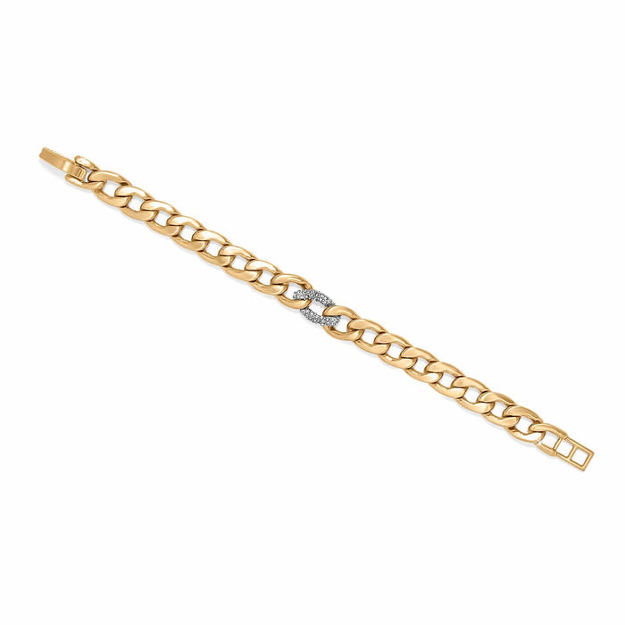 Brighton gold-plated curb chain bracelet with crystal-accented center link and fold-over clasp on a white background