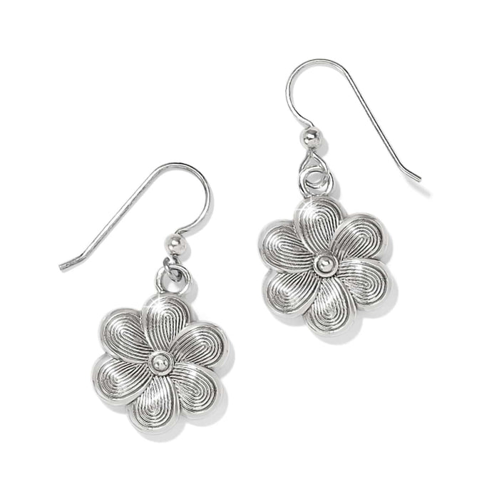 Brighton drop earrings with silver-plated flower charms featuring textured petal detail on a white background