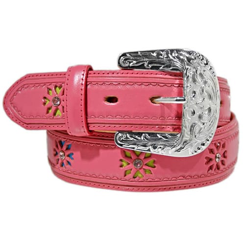 Brighton pink leather belt with cut-out floral details, crystal accents, and ornate silver-tone buckle on a white background