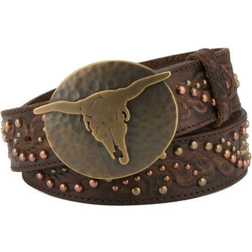 Brighton brown leather belt with hammered longhorn skull buckle and copper studded tooled detailing on a white background