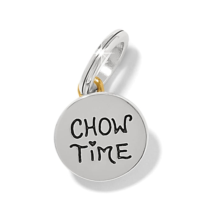 Brighton round charm with engraved Chow Time text in two-tone silver and gold finish on a white background
