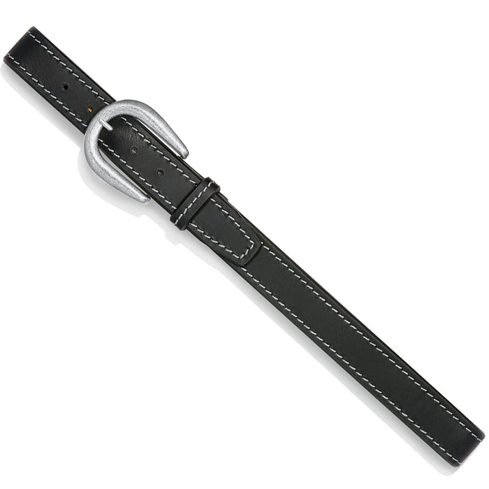 Brighton black leather belt with white contrast stitching and silver-tone horseshoe buckle on a white background