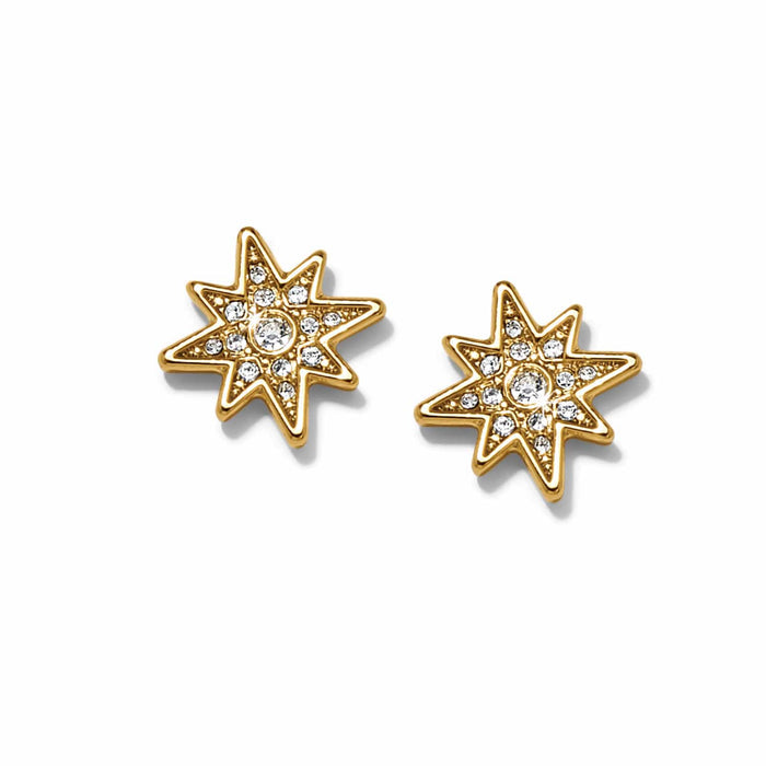 Brighton star stud earrings with gold-plated finish and crystal accents radiating from center stones on a white background