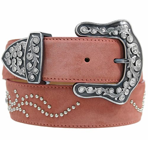 Brighton pink leather belt with ornate silver-tone buckle, crystal embellishments, and studded scalloped detailing on a white background