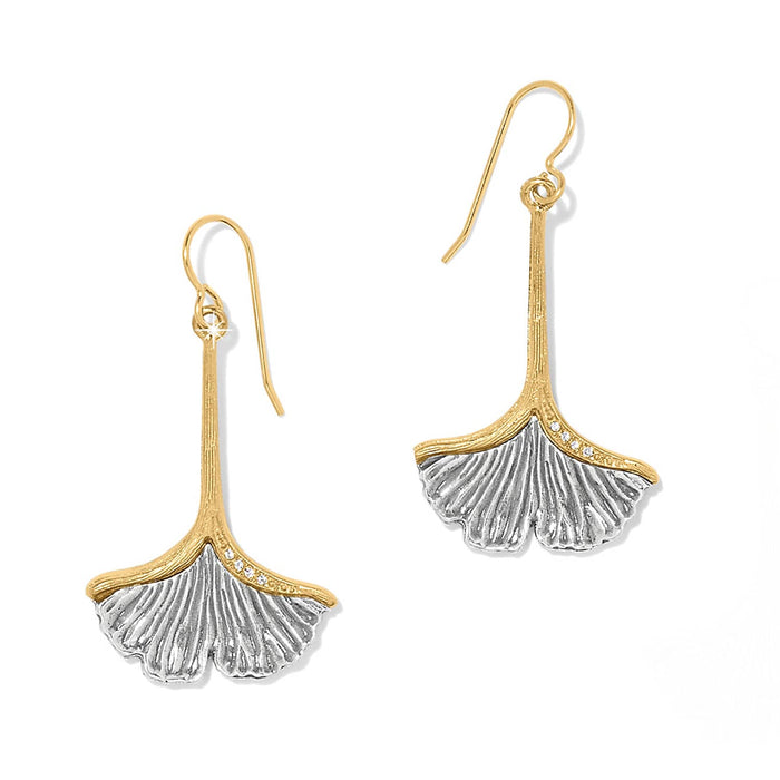 Brighton drop earrings with two-tone ginkgo leaf design and crystal accents on a white background