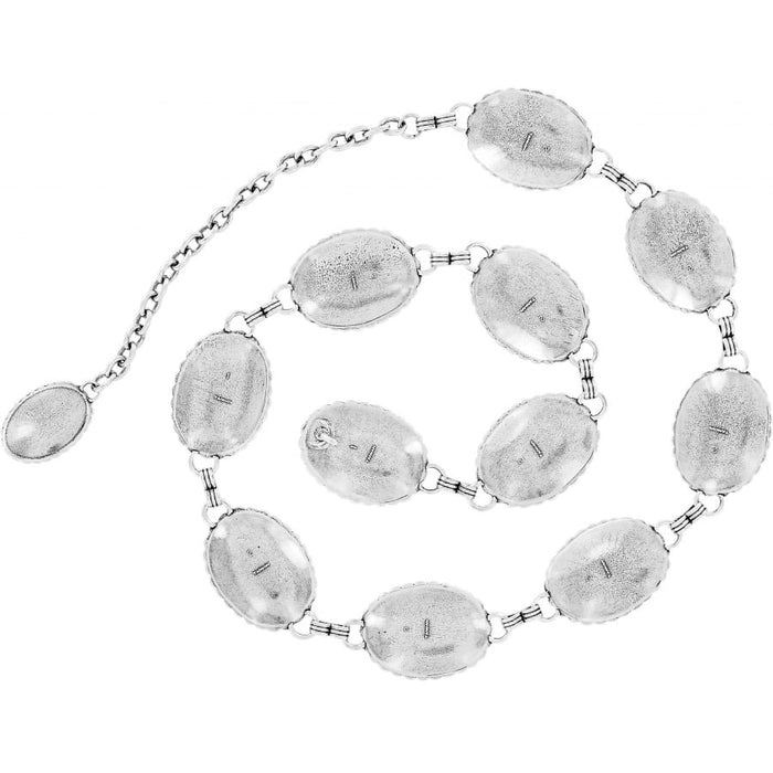 Brighton leather belt with silver-tone oval concho stations and chain link details on a white background