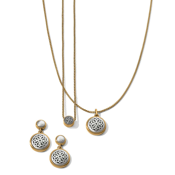 Brighton pendant necklaces styled with matching drop earrings featuring silver-plated openwork medallions and brushed gold-plated frames