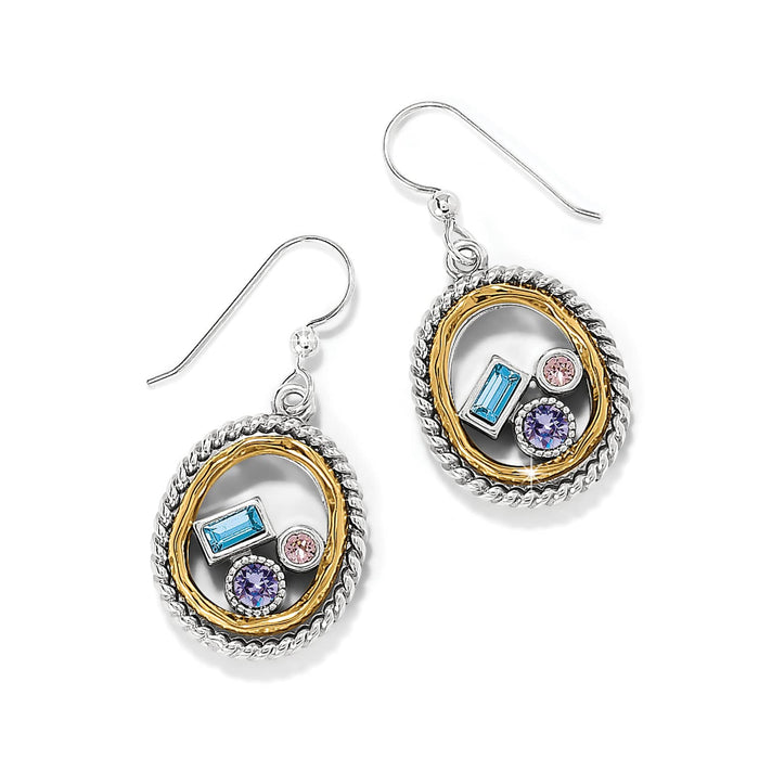 Brighton drop earrings with silver rope-edged ovals, gold accents, and blue, pink, and purple crystals on a white background