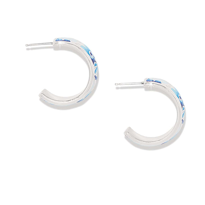 Brighton silver-plated hoop earrings with blue enamel detailing and crystal accents on a white background