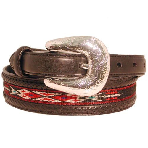 Brighton leather belt with silver-tone engraved buckle, red woven aztec pattern, and braided edges on a white background