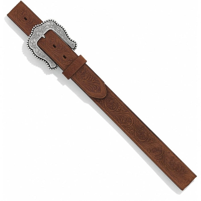 Brighton brown tooled leather belt with floral embossed pattern and ornate silver-tone buckle on a white background