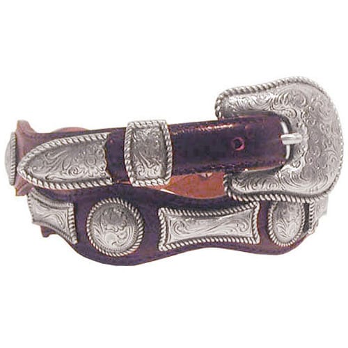Brighton purple leather belt with ornate silver-tone conchos, scrollwork buckle, and scalloped edges on a white background