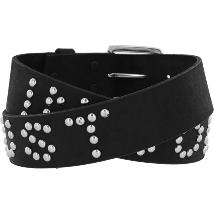 Brighton black leather belt with silver-tone studded design and silver-tone buckle on a white background