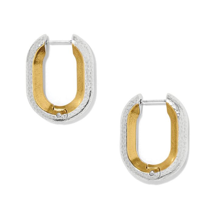 Brighton hoop earrings with hammered silver-tone exterior and gold-tone interior with small crystal accents on a white background