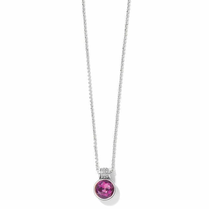 Brighton pendant necklace with round faceted pink crystal and silver-plated crystal-accented bail on a white background