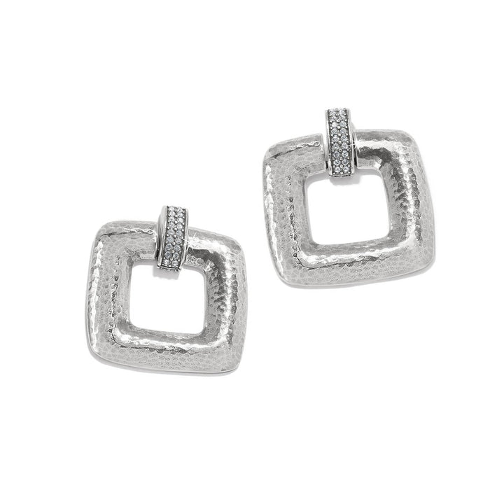 Brighton drop earrings with hammered silver-plated square frames and crystal-set bar accents on a white background