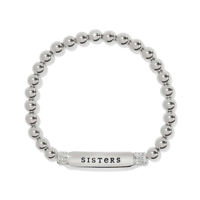 Brighton beaded stretch bracelet with silver-plated beads, crystal accents, and Sisters engraved bar on a white background
