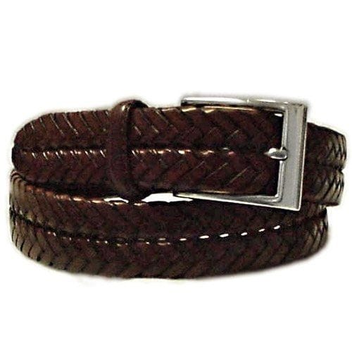 Brighton braided brown leather belt with silver-tone rectangular buckle coiled on a white background