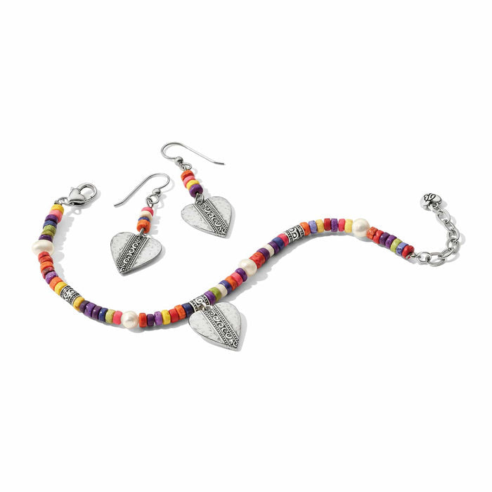 Brighton bracelet and earrings set with multicolor heishi beads, potato pearls, and silver-plated heart charms on a white background