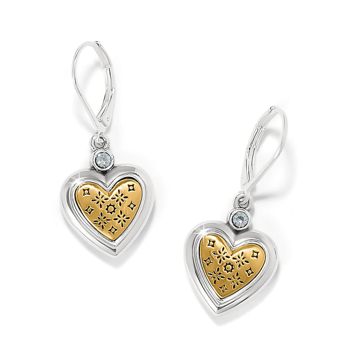 Brighton drop earrings with two-tone heart pendants, gold floral etching, and crystal accents on a white background
