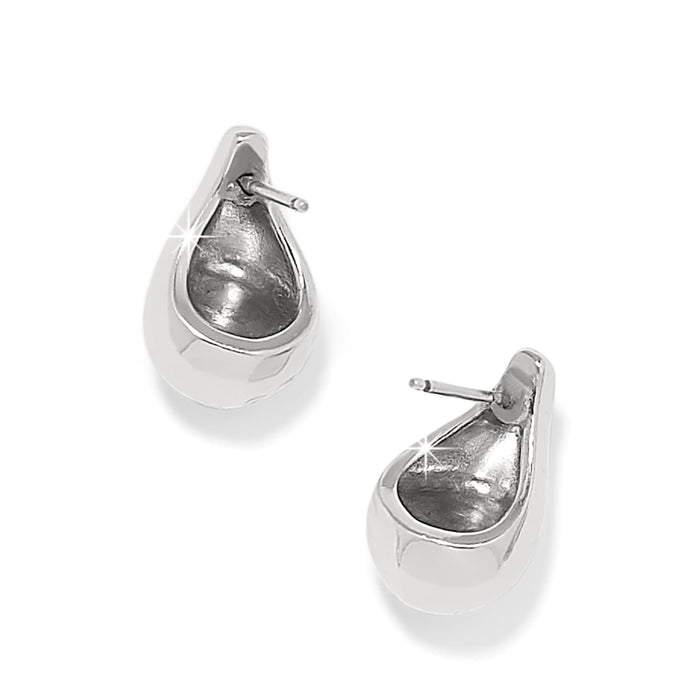 Brighton teardrop earrings with polished silver-plated finish and post backs shown from two angles on a white background