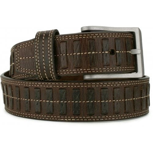 Brighton brown leather belt with woven bar detailing, contrast stitching, and silver-tone buckle on a white background