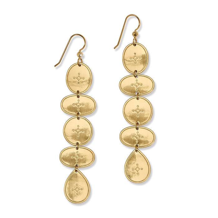 Brighton drop earrings with gold-plated oval and teardrop discs featuring engraved star motifs on a white background