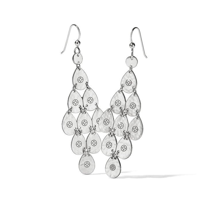 Brighton chandelier drop earrings with cascading hammered silver-plated teardrops featuring engraved diamond motifs on a white background