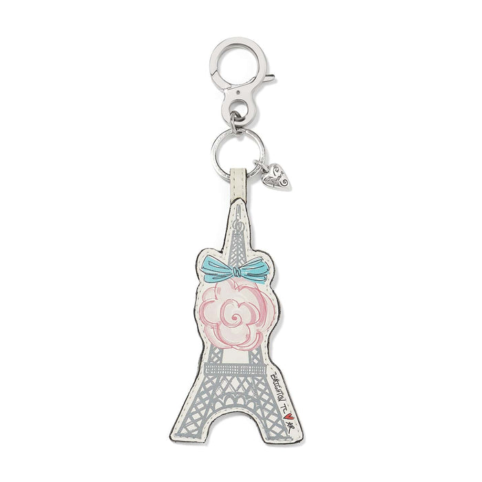 Brighton keychain with leather Eiffel Tower charm, pink rose, blue bow, and silver-tone clasp on a white background