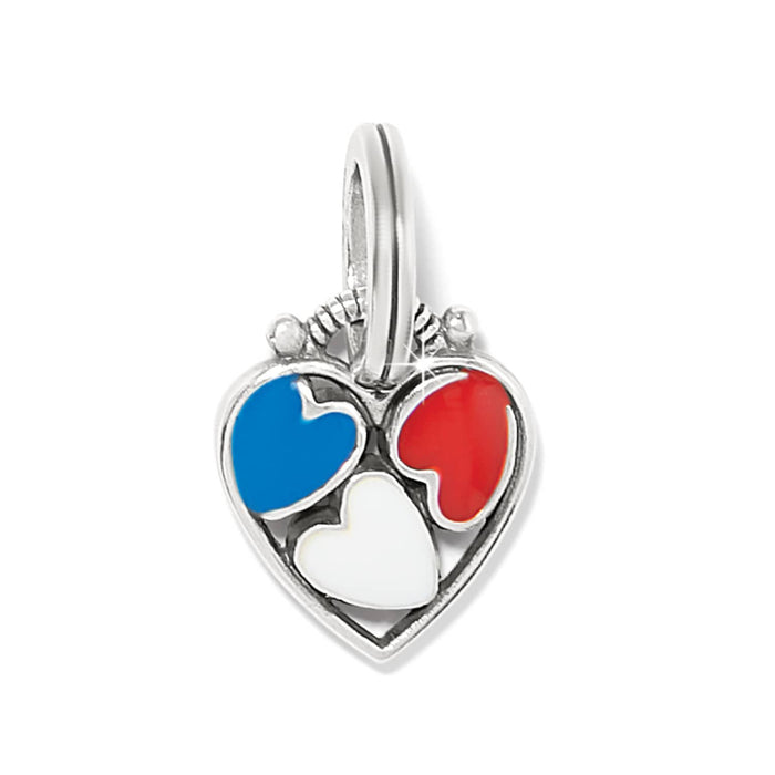 Brighton heart charm with blue, white, and red enamel hearts and silver-plated frame on a white background