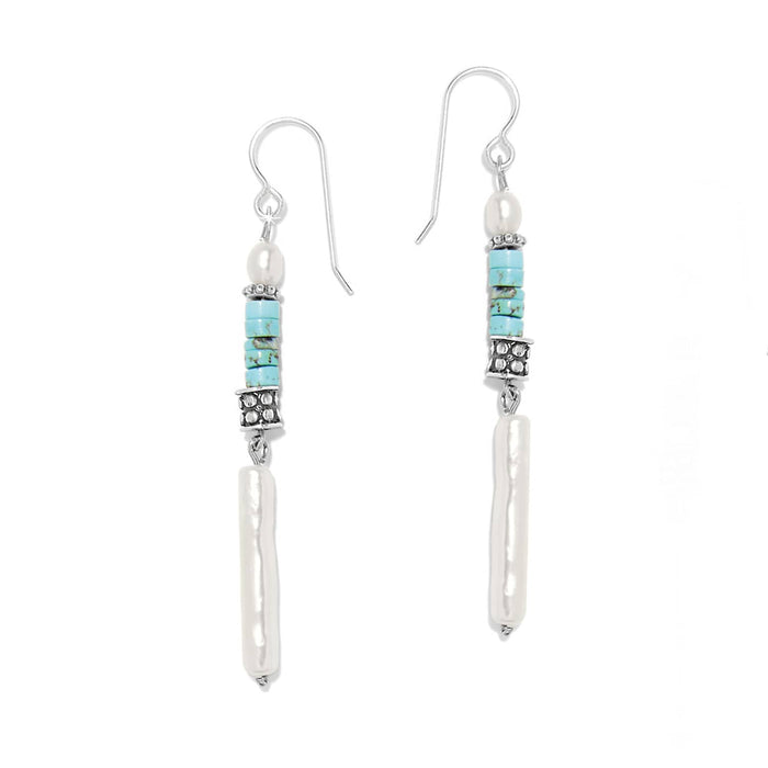 Brighton drop earrings with turquoise magnesite beads, barque pearl, and silver-plated accents on a white background