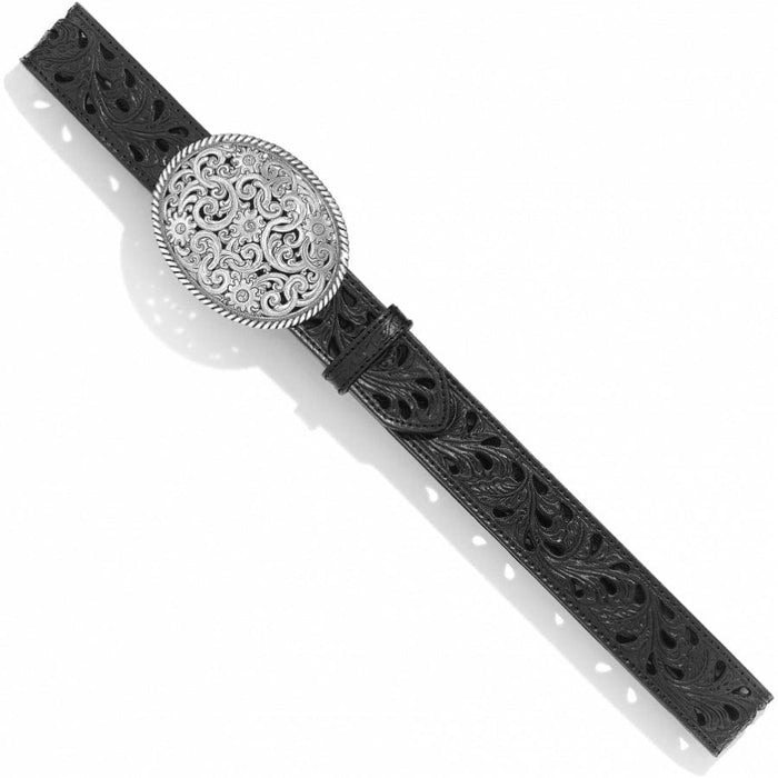 Brighton black leather belt with ornate silver-tone medallion buckle and scrollwork cutout detailing on a white background