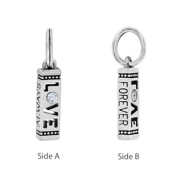 Brighton silver-plated charm shown from two sides engraved with Always Love and Forever with crystal accent on white background