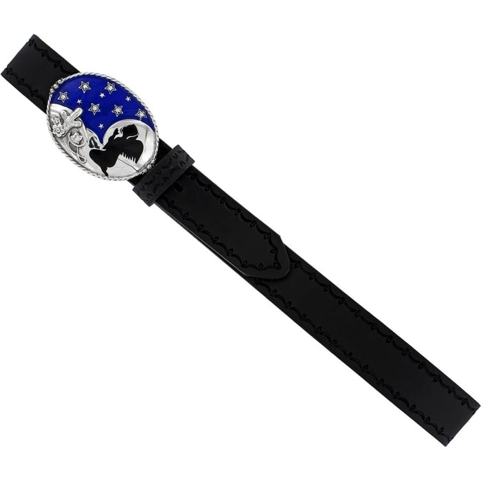 Brighton black leather belt with oval silver-tone buckle featuring blue enamel starry night scene on a white background