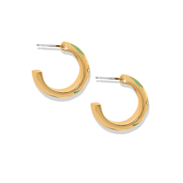 Brighton hoop earrings with gold-plated finish and green and yellow enamel accents on a white background